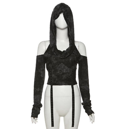 Long sleeve hoodie off shoulder buckle crop top  | Festival Outfits Women