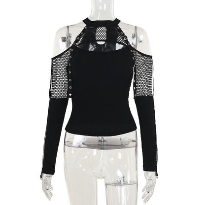 Off shoulder long sleeve fishnet patchwork buckle top  | Festival Outfits Women