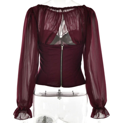 Long sleeve chiffon patchwork corset zip-up top  | Festival Outfits Women