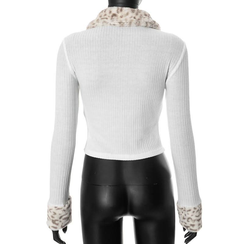 Zip-up long sleeve turnover collar leopard fluffy top  | Festival Outfits Women  | Cheetah Print Top
