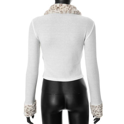 Zip-up long sleeve turnover collar leopard fluffy top  | Festival Outfits Women  | Cheetah Print Top