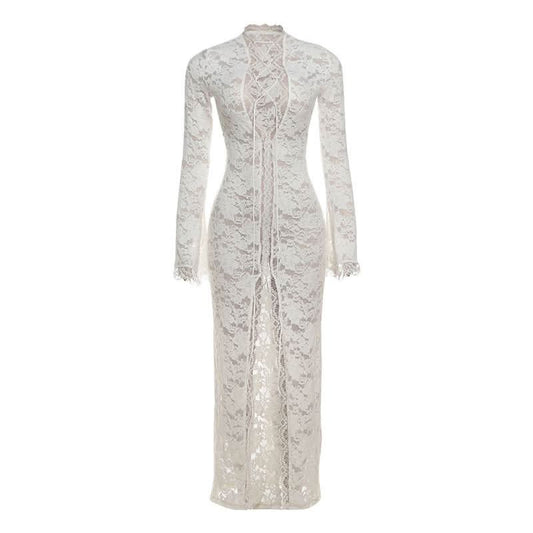 Long sleeve lace cross front slit maxi dress  | Festival Outfits Women