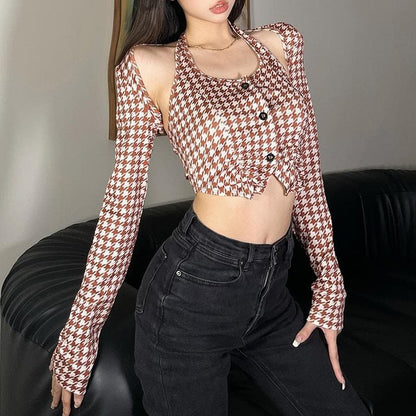 Long sleeve contrast plaid halter button slit crop top