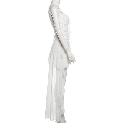 Ruched mesh ruffle sweetheart neck cami maxi dress  | Festival Outfits Women