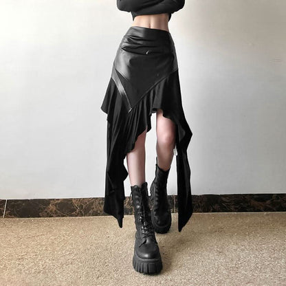 PU leather patchwork irregular midi skirt Cargo Mini Skirt  | Festival Outfits Women