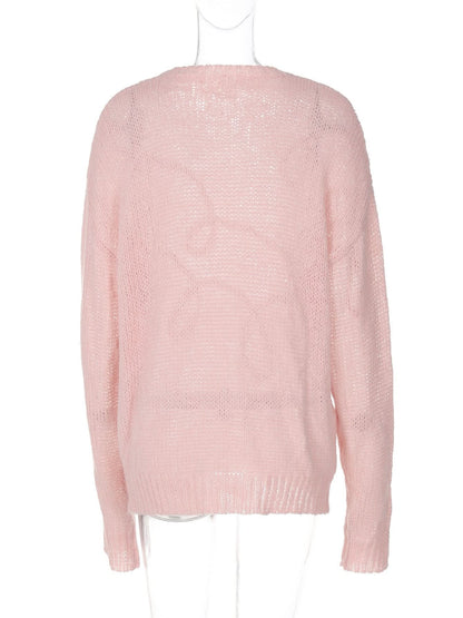 Crewneck long sleeve knitted abstract pattern top  | Festival Outfits Women