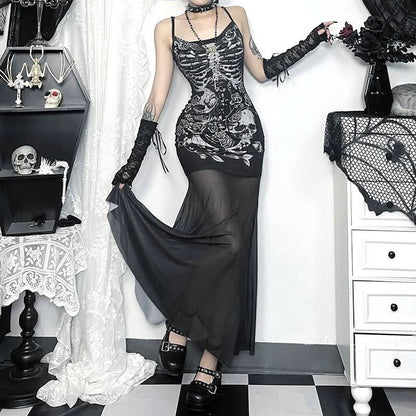 U neck skull print mesh backless cami maxi dress  | Festival Outfits Women
