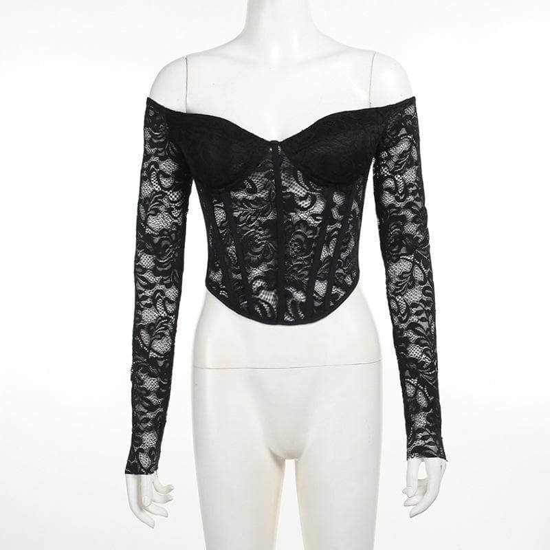 Lace solid long sleeve corset off shoulder top  | Festival Outfits Women