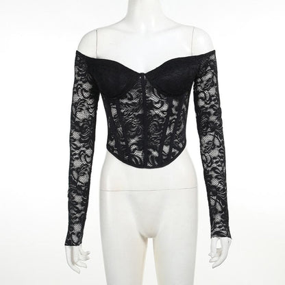Lace solid long sleeve corset off shoulder top  | Festival Outfits Women