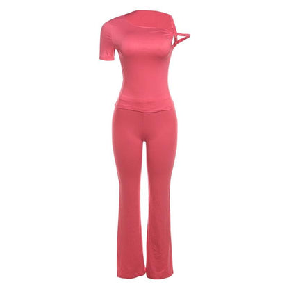 Short sleeve irregular crewneck solid pant set  | Festival Outfits Women