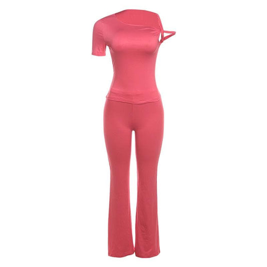 Short sleeve irregular crewneck solid pant set  | Festival Outfits Women