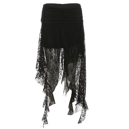 Lace mesh patchwork ruched ruffle midi skirt  | Festival Outfits Women