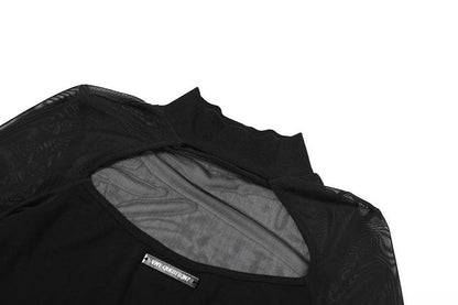 Hollow out mesh patchwork long sleeve contrast bodysuit  | Festival Outfits Women