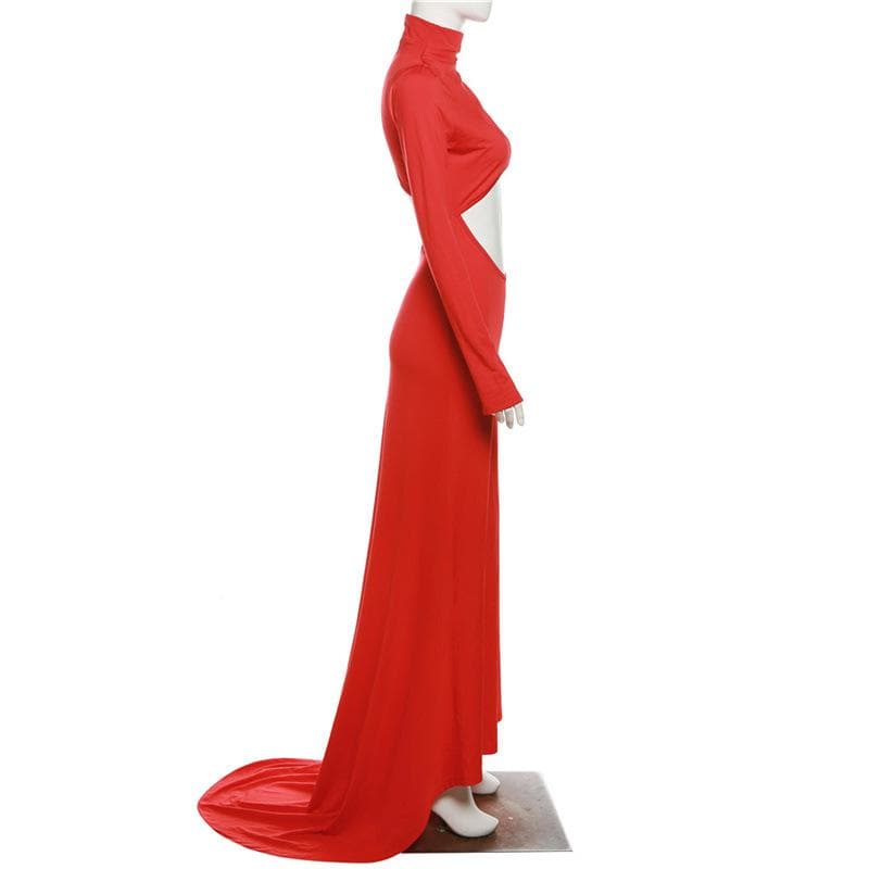 Hollow out solid long sleeve high neck zip-up cut out maxi dress  | Festival Outfits Women