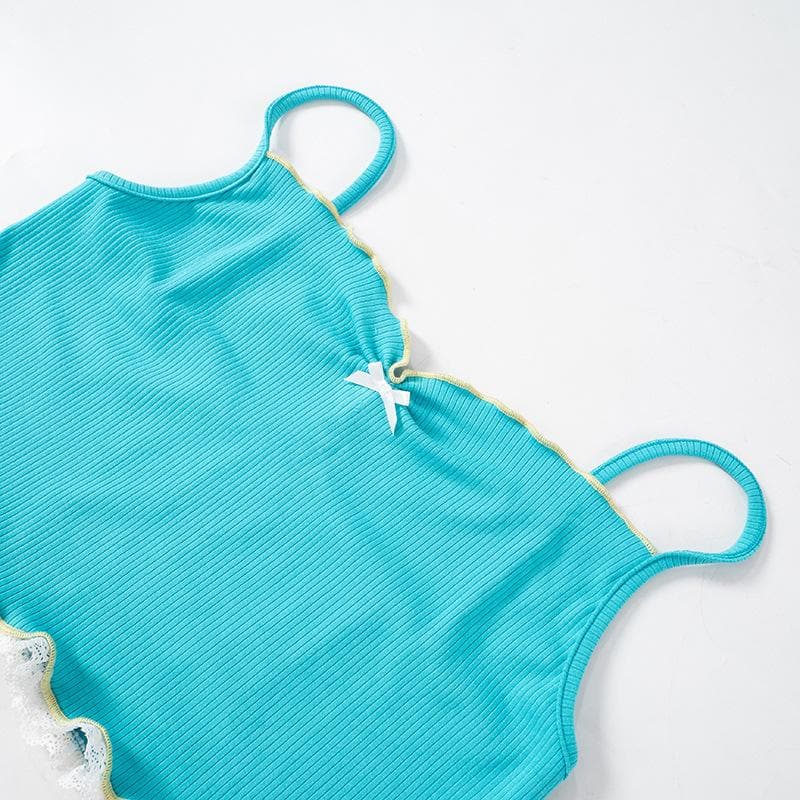 Lace hem ruffle bowknot ribbed cami crop top  | Festival Outfits Women