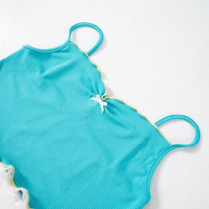 Lace hem ruffle bowknot ribbed cami crop top  | Festival Outfits Women