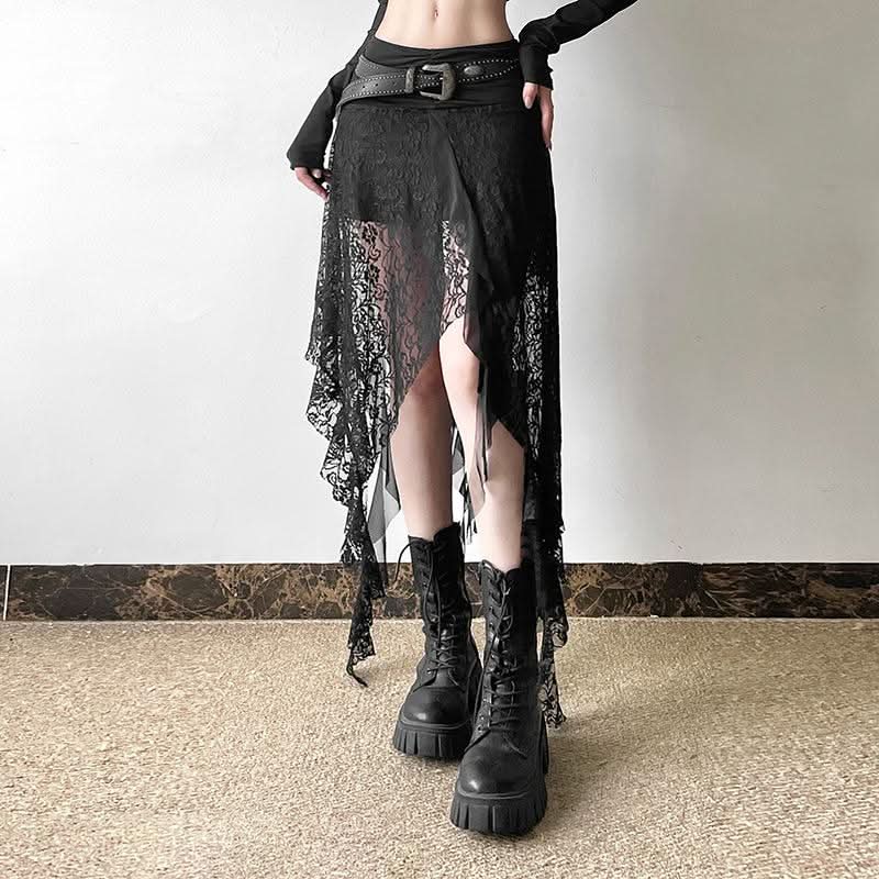 Lace mesh patchwork ruched ruffle midi skirt  | Festival Outfits Women