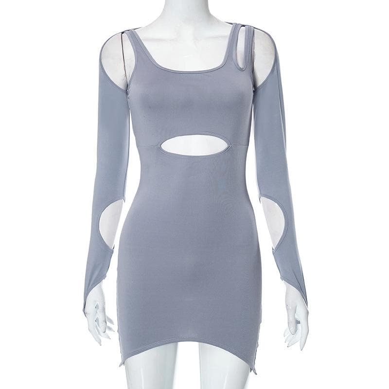 Hollow out irregular solid gloves backless cut out mini dress