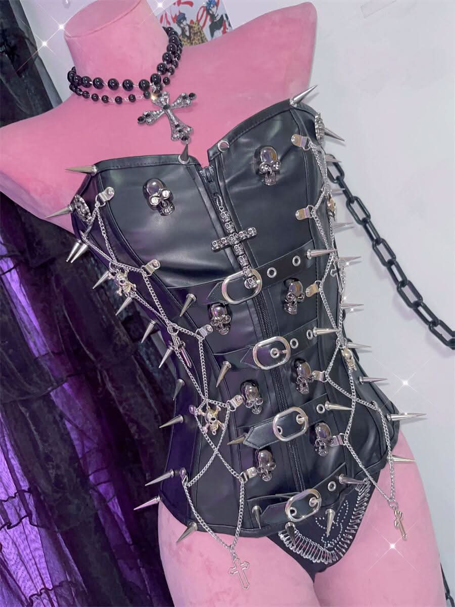 Cross applique PU leather rivet buckle bustier tube top  | Festival Outfits Women