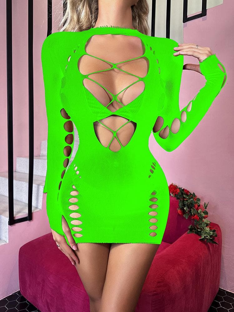 Long sleeve crewneck backless hollow out cut out mini dress  | Festival Outfits Women