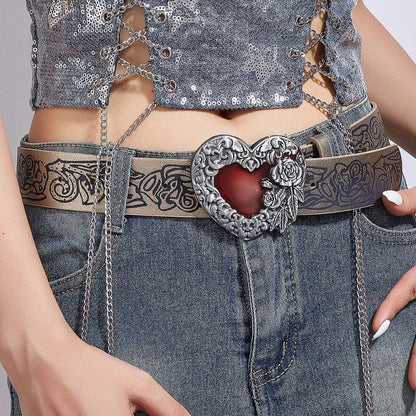 Heart print PU leather adjustable belt  | Festival Outfits Women