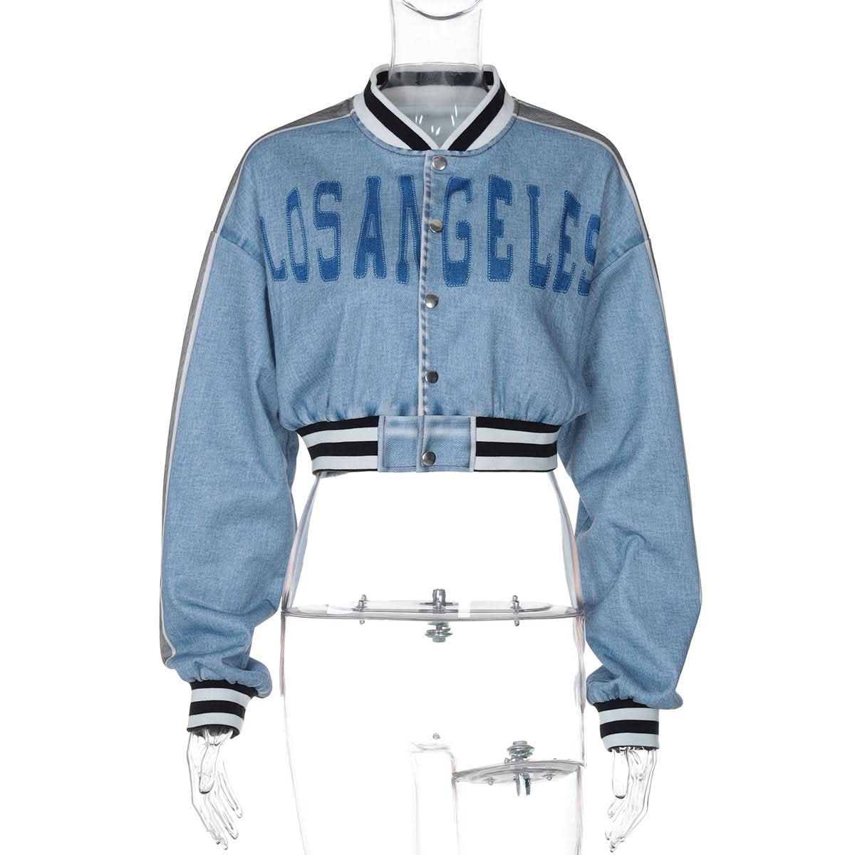 Long sleeve denim letter print patchwork button top  | Festival Outfits Women