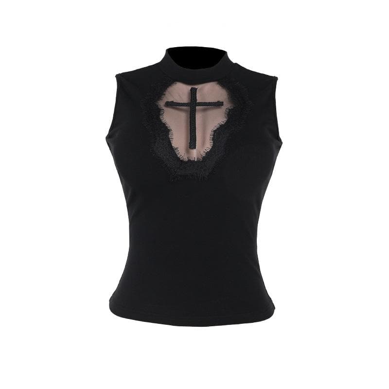Sleeveless crewneck cross pattern solid top  | Festival Outfits Women
