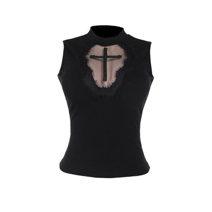 Sleeveless crewneck cross pattern solid top  | Festival Outfits Women