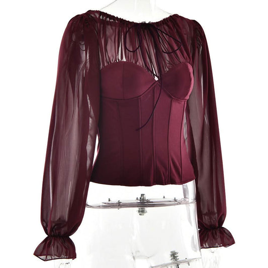 Long sleeve chiffon patchwork corset zip-up top  | Festival Outfits Women