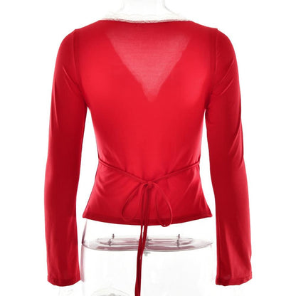 Lace hem long sleeve v neck ribbon ruched top  | Festival Outfits Women