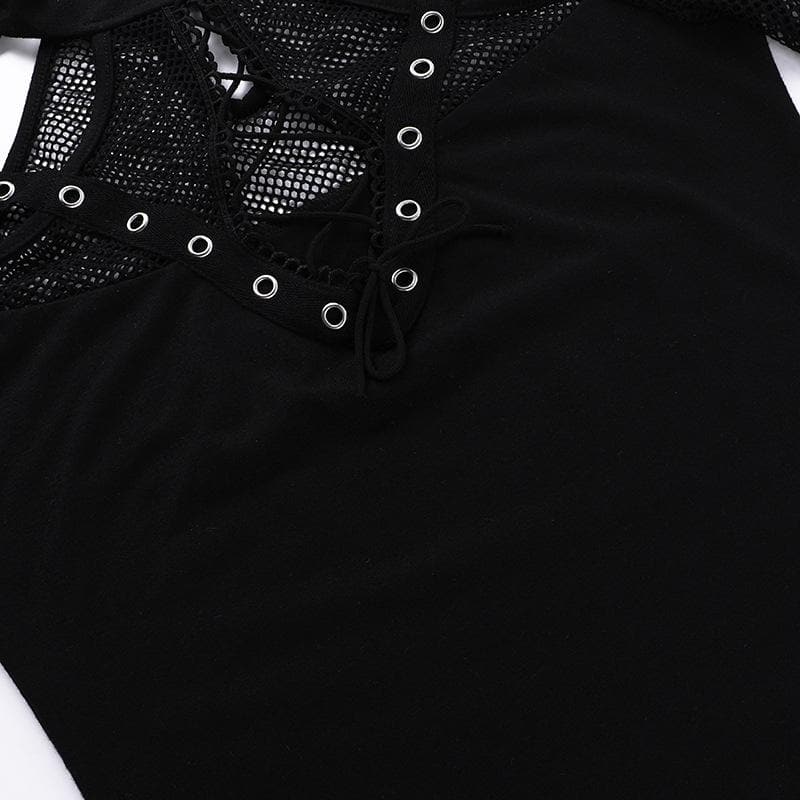 Short sleeve fishnet hollow out patchwork cut out top  | Festival Outfits Women