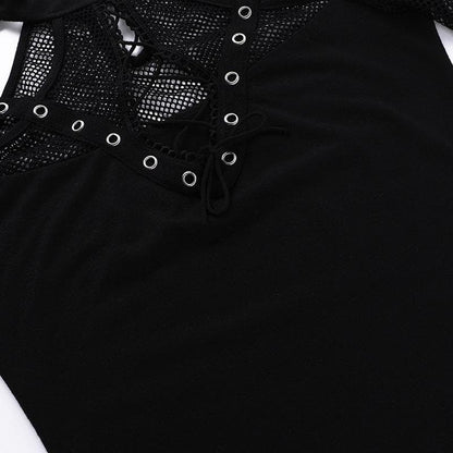 Short sleeve fishnet hollow out patchwork cut out top  | Festival Outfits Women