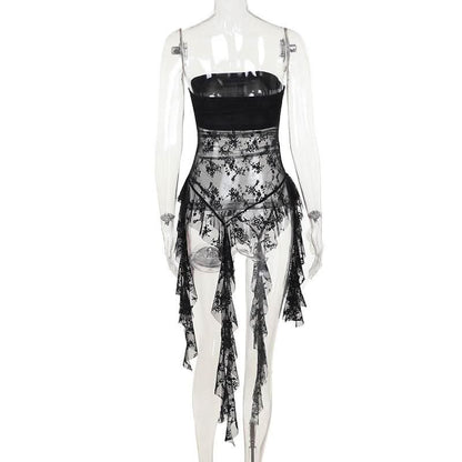 Lace cross applique irregular tube mini dress  | Festival Outfits Women