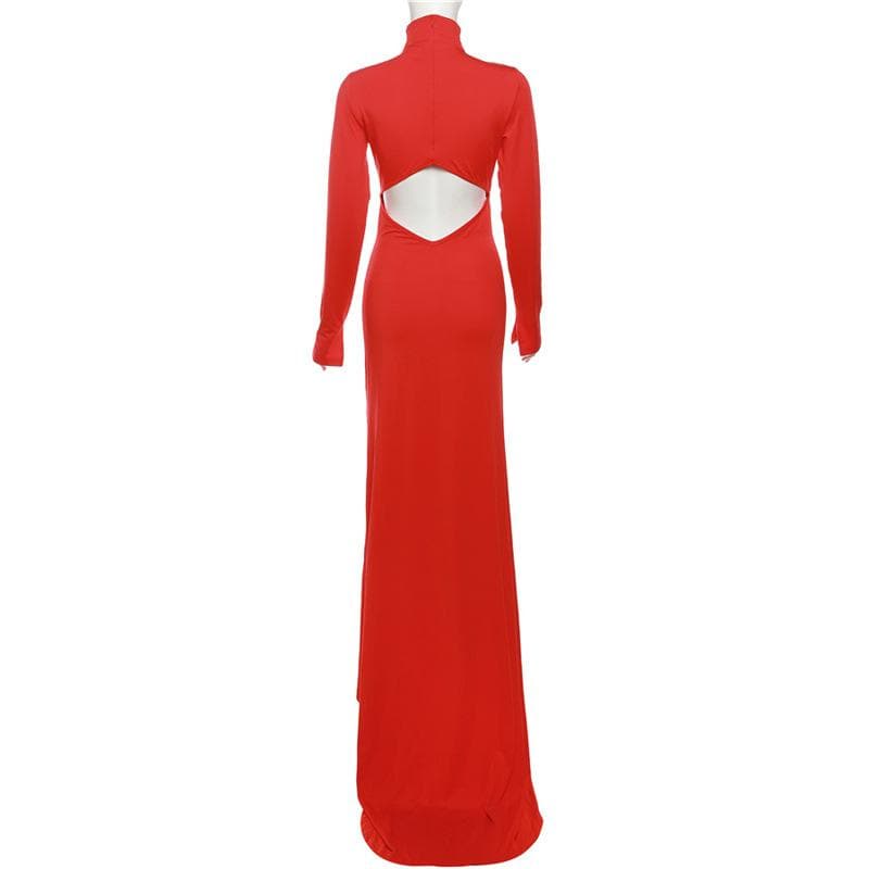Hollow out solid long sleeve high neck zip-up cut out maxi dress  | Festival Outfits Women