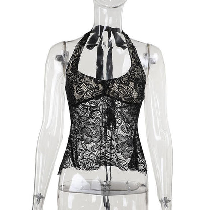 Halter backless lace flower pattern solid top  | Festival Outfits Women
