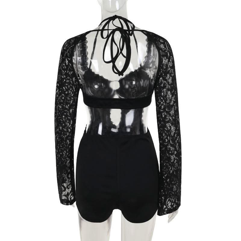 Long sleeve halter self tie lace hollow out romper  | Festival Outfits Women
