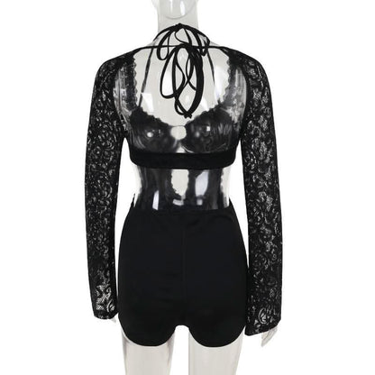 Long sleeve halter self tie lace hollow out romper  | Festival Outfits Women
