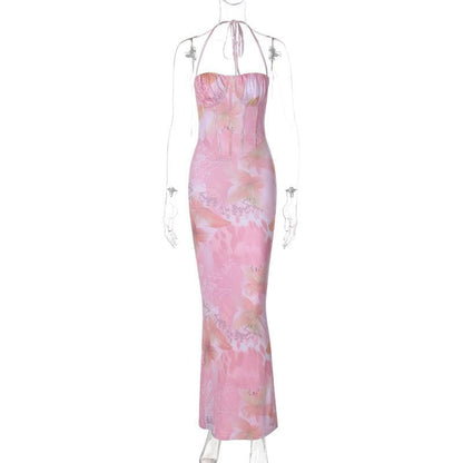Halter print ruched bustier high slit knotted maxi dress  | Festival Outfits Women