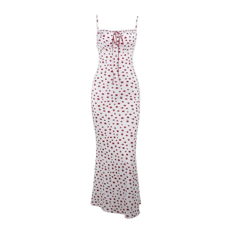 Bowknot ribbon stitch flower print polka dot cami maxi dress  | Festival Outfits Women
