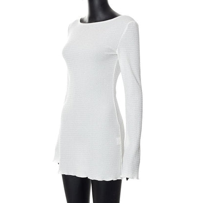 Textured solid self tie backless long sleeve ruffle mini dress