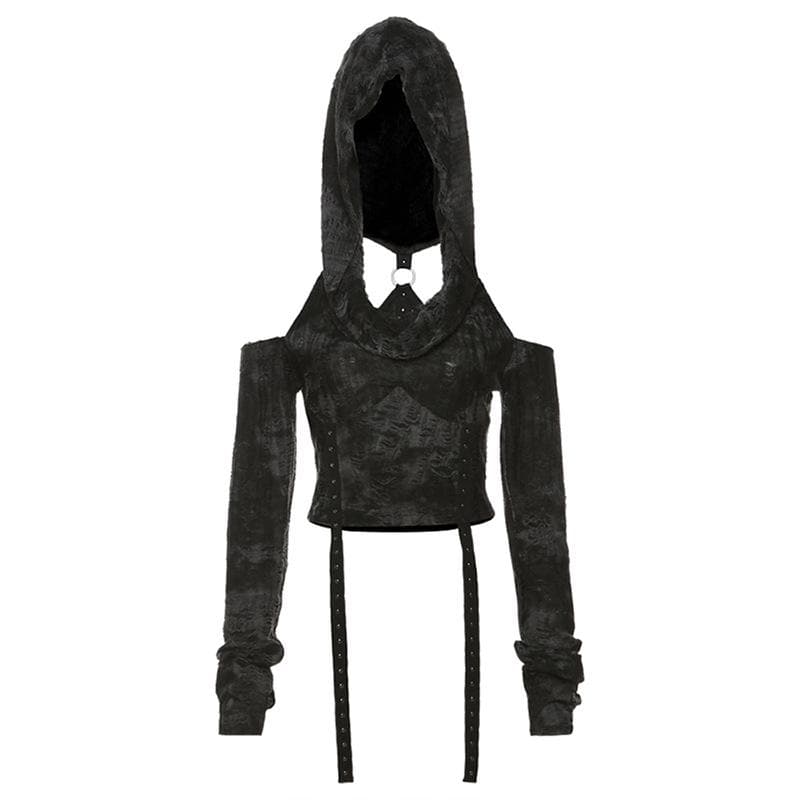 Long sleeve hoodie off shoulder buckle crop top  | Festival Outfits Women