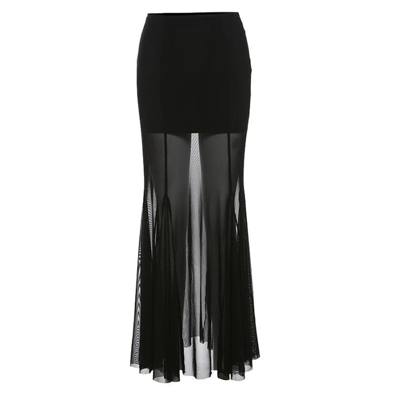 Mesh patchwork stitch solid maxi skirt  | Festival Outfits Women