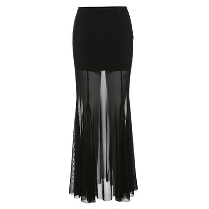 Mesh patchwork stitch solid maxi skirt  | Festival Outfits Women