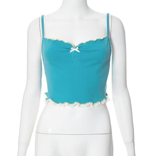 Lace hem ruffle bowknot ribbed cami crop top  | Festival Outfits Women