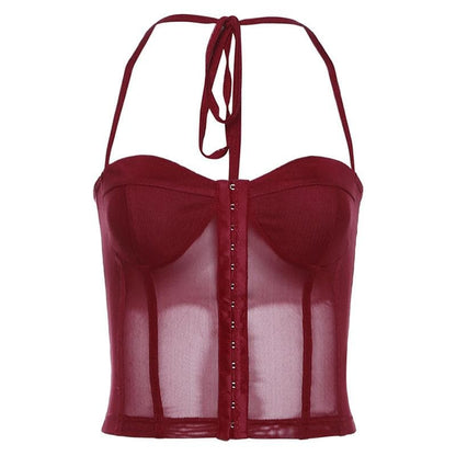 Button mesh backless solid corset halter self tie top  | Festival Outfits Women