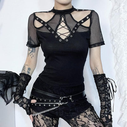 Short sleeve fishnet hollow out patchwork cut out top  | Festival Outfits Women