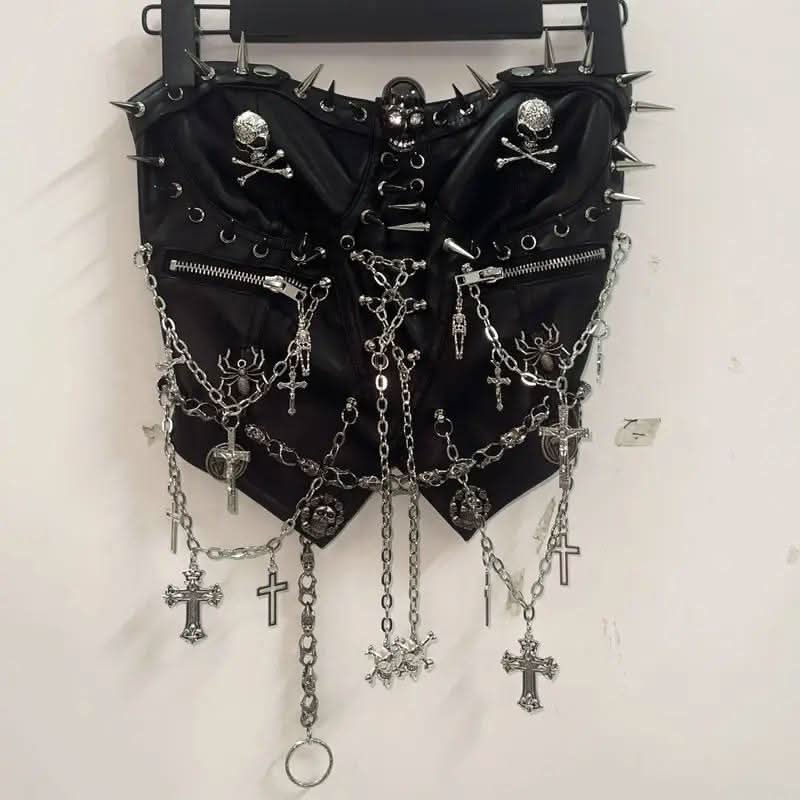 Zip-up rivet metal chain skull zip-up tube top  | Festival Outfits Women