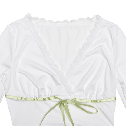 Lace hem long sleeve v neck ribbon ruched top  | Festival Outfits Women