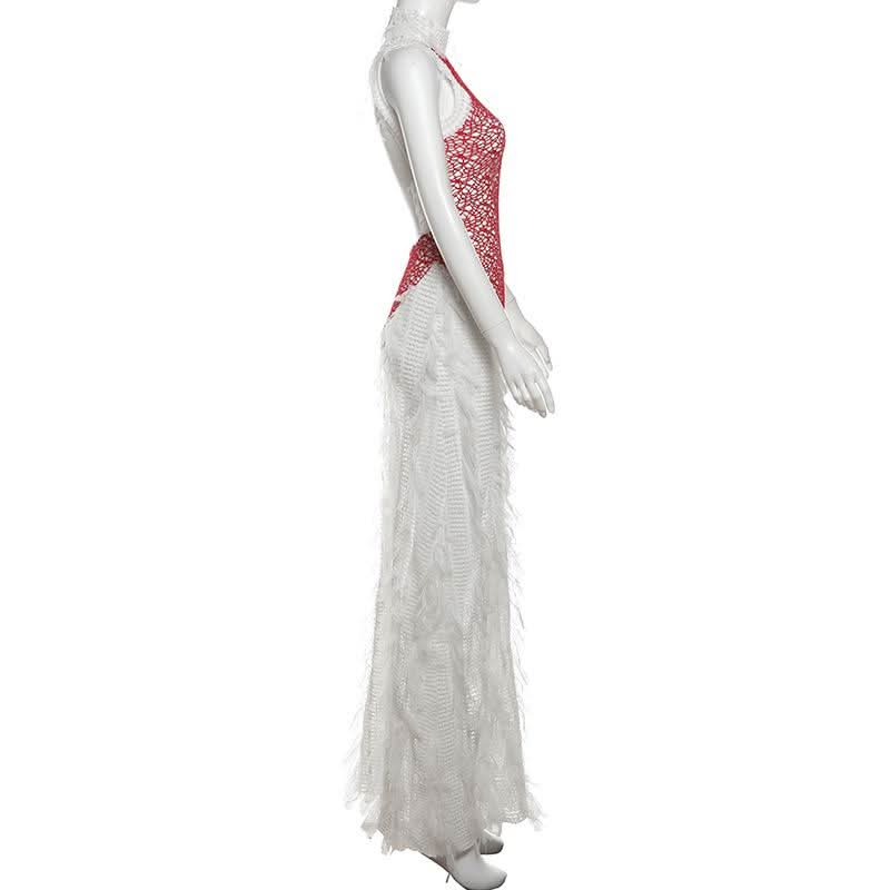 High neck patchwork tassels backless maxi dress  | Festival Outfits Women