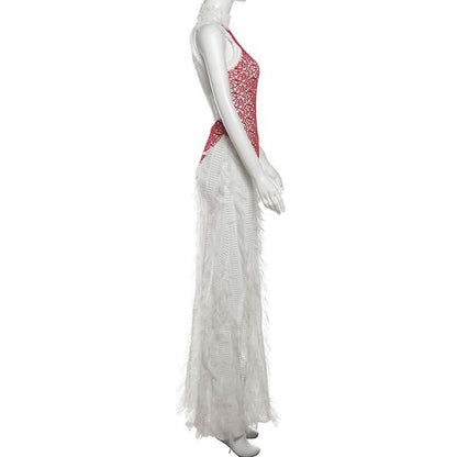 High neck patchwork tassels backless maxi dress  | Festival Outfits Women